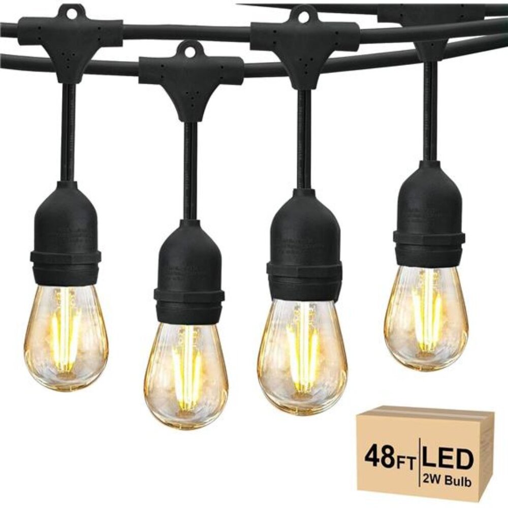 48FT Outdoor String Lights 2W, Commercial Grade Patio Lights with 15pcs Edison